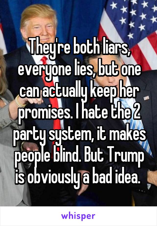They're both liars, everyone lies, but one can actually keep her promises. I hate the 2 party system, it makes people blind. But Trump is obviously a bad idea. 