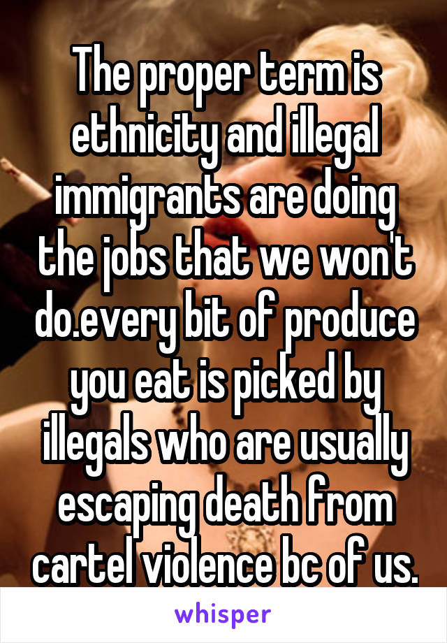 The proper term is ethnicity and illegal immigrants are doing the jobs that we won't do.every bit of produce you eat is picked by illegals who are usually escaping death from cartel violence bc of us.