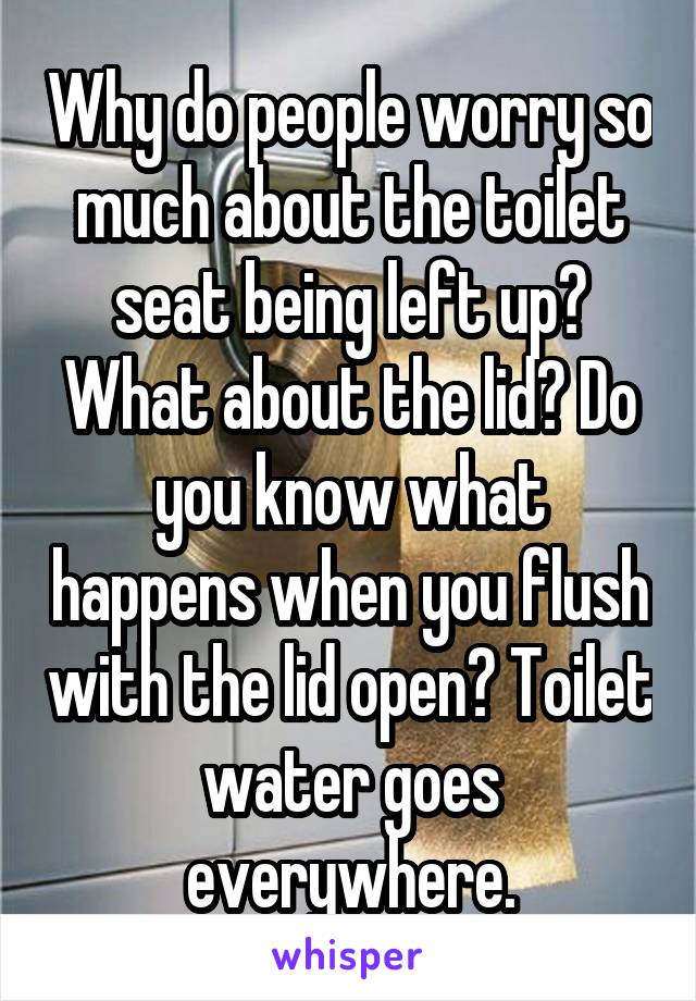 Why do people worry so much about the toilet seat being left up? What about the lid? Do you know what happens when you flush with the lid open? Toilet water goes everywhere.