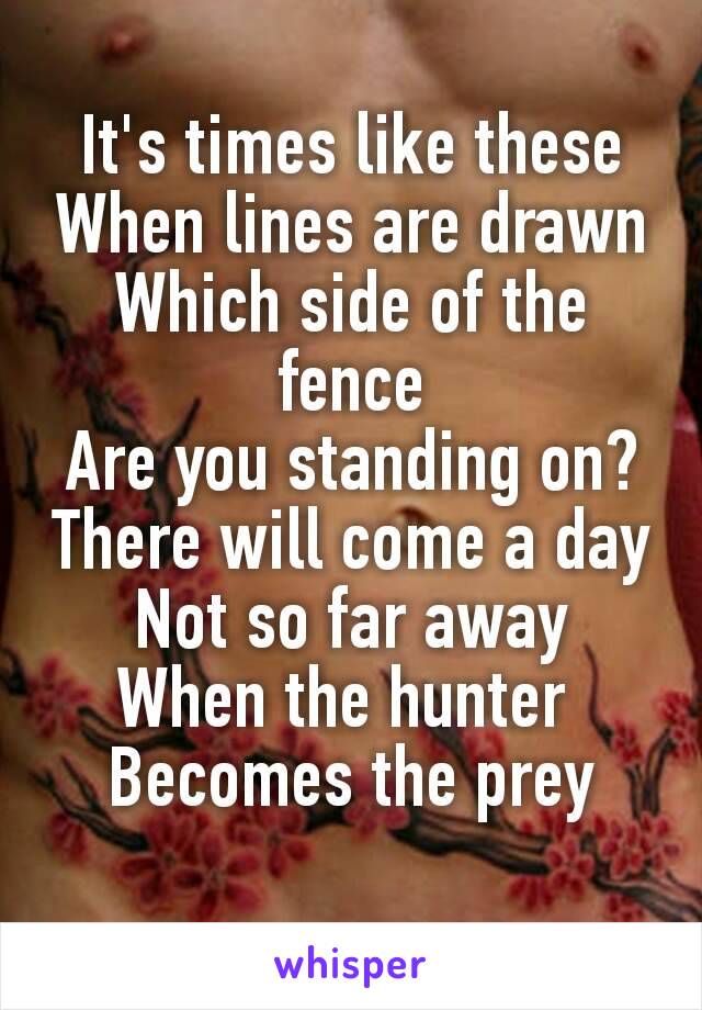 It's times like these
When lines are drawn Which side of the fence
Are you standing on?
There will come a day
Not so far away
When the hunter 
Becomes the prey
