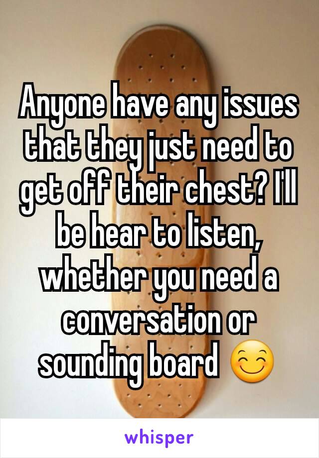 Anyone have any issues that they just need to get off their chest? I'll be hear to listen, whether you need a conversation or sounding board 😊