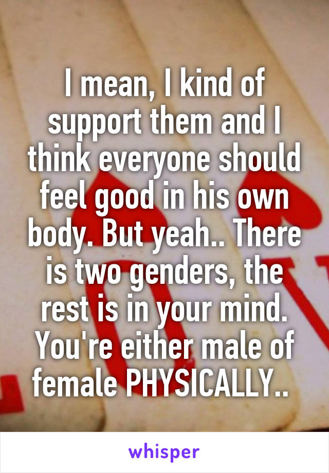I mean, I kind of support them and I think everyone should feel good in his own body. But yeah.. There is two genders, the rest is in your mind. You're either male of female PHYSICALLY.. 
