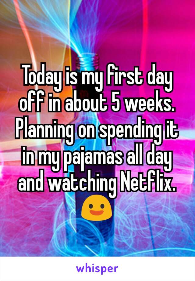 Today is my first day off in about 5 weeks. Planning on spending it in my pajamas all day and watching Netflix. 😃