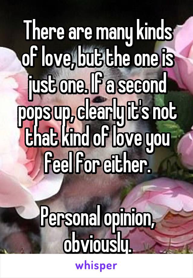 There are many kinds of love, but the one is just one. If a second pops up, clearly it's not that kind of love you feel for either.

Personal opinion, obviously.