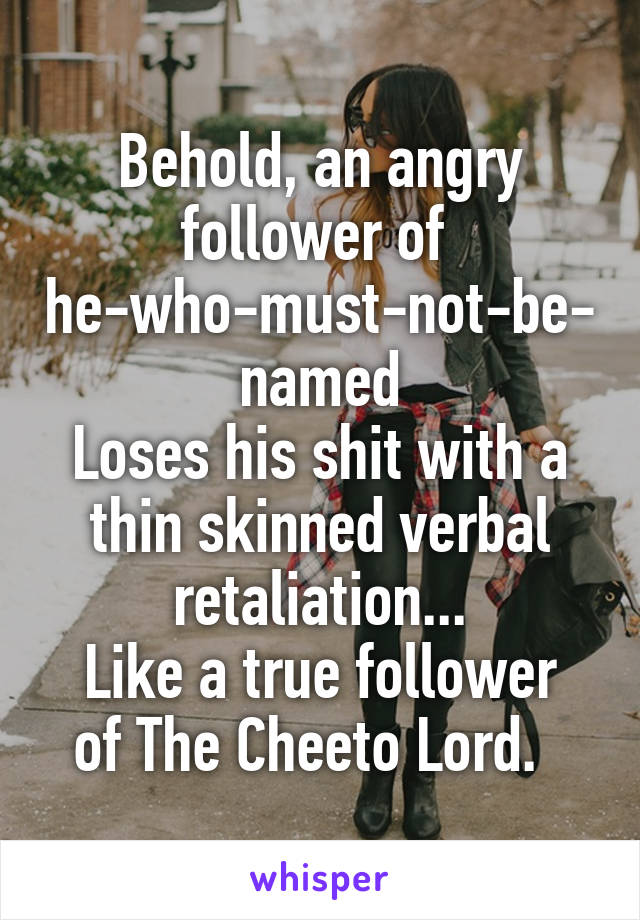 Behold, an angry follower of 
he-who-must-not-be-named
Loses his shit with a thin skinned verbal retaliation...
Like a true follower of The Cheeto Lord.  