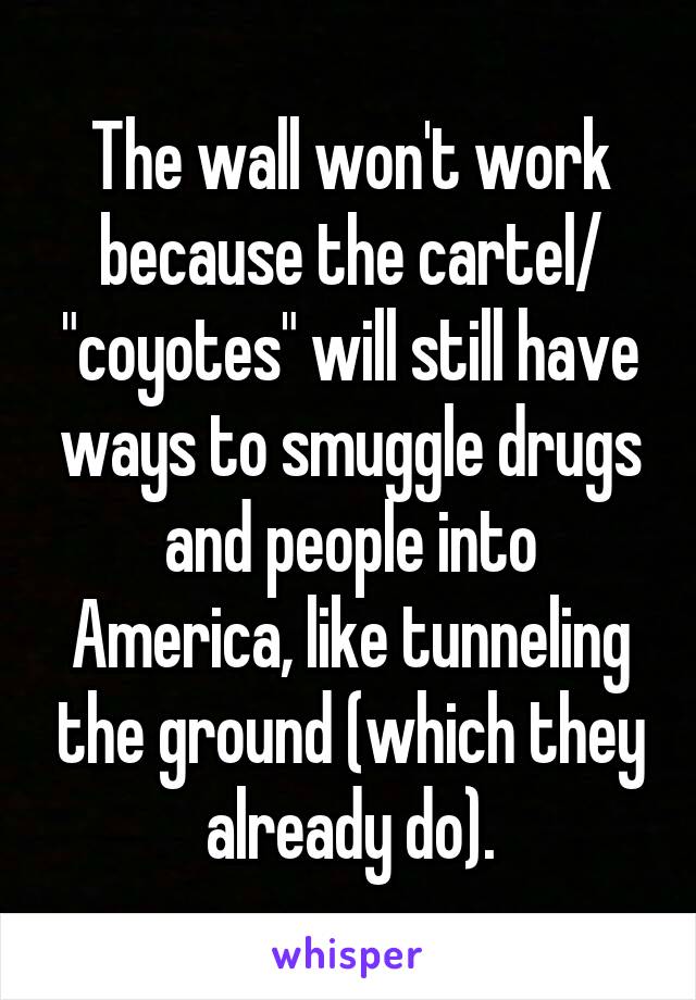 The wall won't work because the cartel/ "coyotes" will still have ways to smuggle drugs and people into America, like tunneling the ground (which they already do).