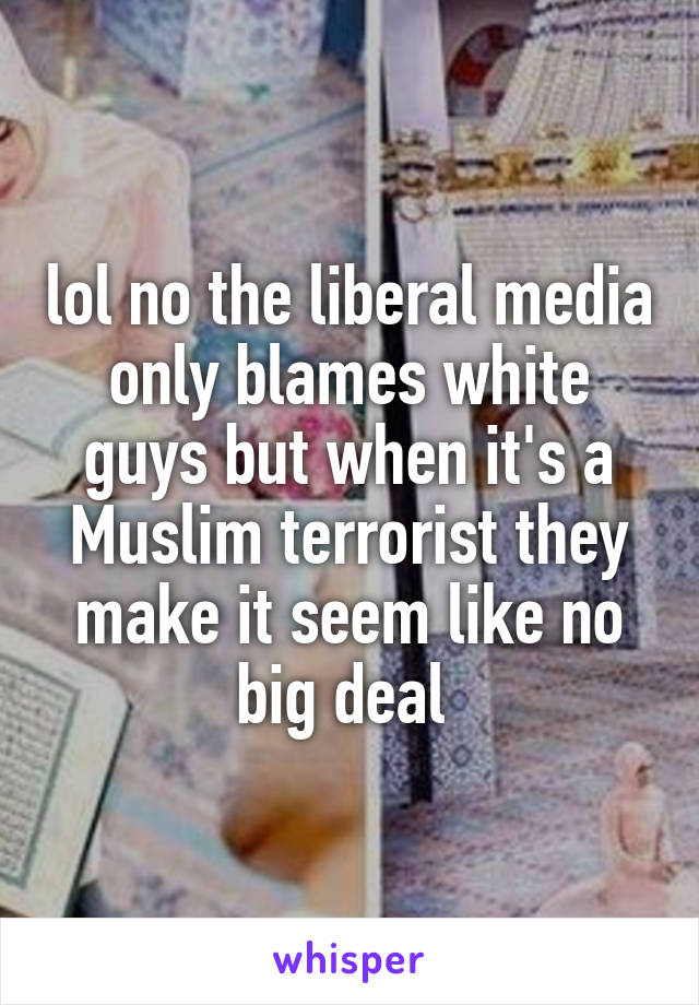 lol no the liberal media only blames white guys but when it's a Muslim terrorist they make it seem like no big deal 