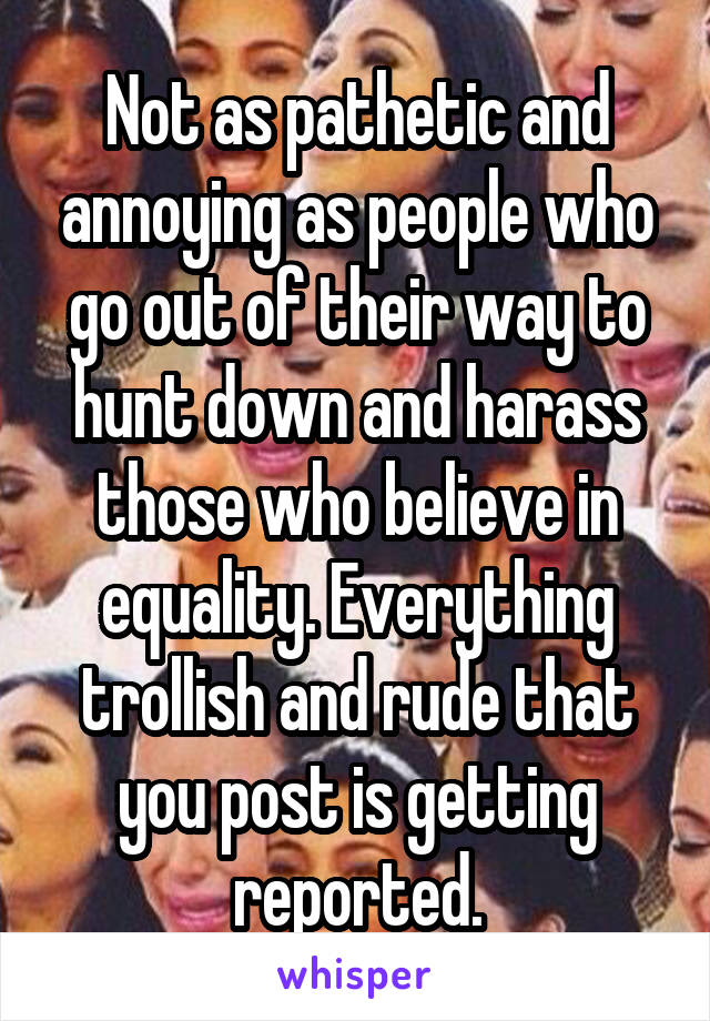 Not as pathetic and annoying as people who go out of their way to hunt down and harass those who believe in equality. Everything trollish and rude that you post is getting reported.