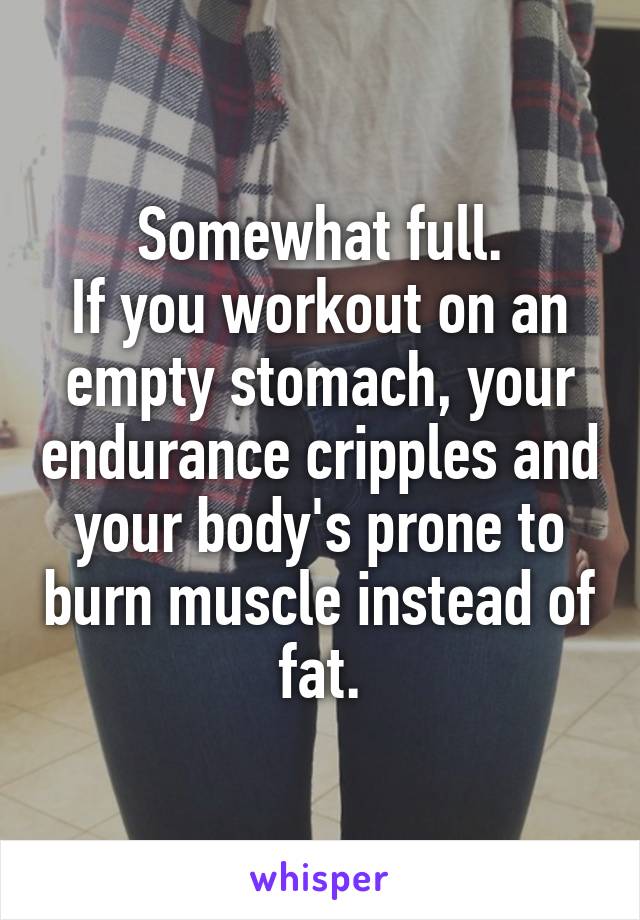 Somewhat full.
If you workout on an empty stomach, your endurance cripples and your body's prone to burn muscle instead of fat.
