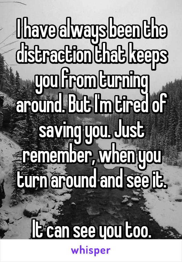 I have always been the distraction that keeps you from turning around. But I'm tired of saving you. Just remember, when you turn around and see it.

It can see you too.