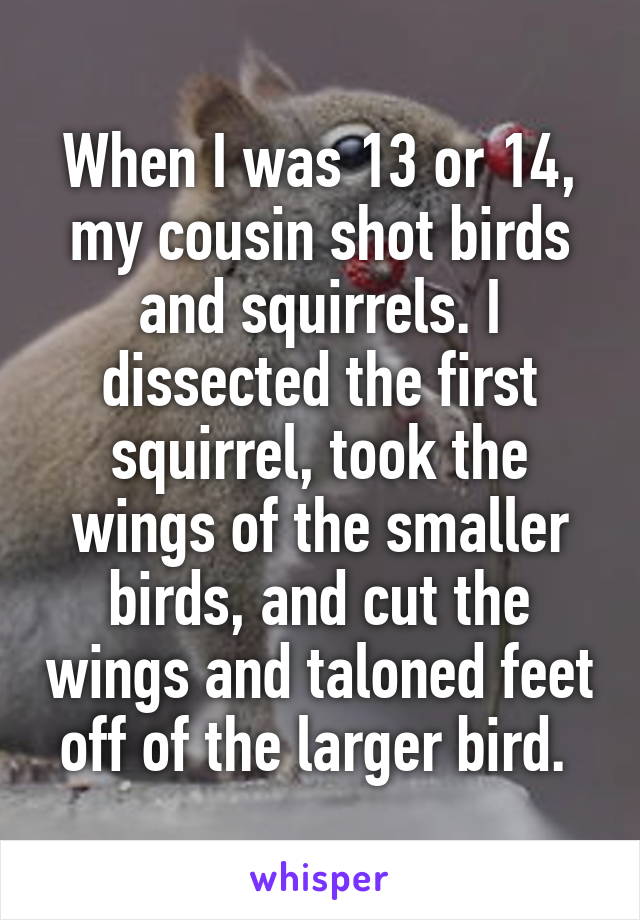 When I was 13 or 14, my cousin shot birds and squirrels. I dissected the first squirrel, took the wings of the smaller birds, and cut the wings and taloned feet off of the larger bird. 