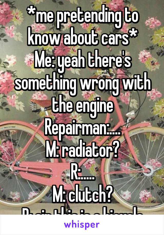 *me pretending to know about cars*
Me: yeah there's something wrong with the engine
Repairman:....
M: radiator?
R:.....
M: clutch?
R: sir this is a bicycle