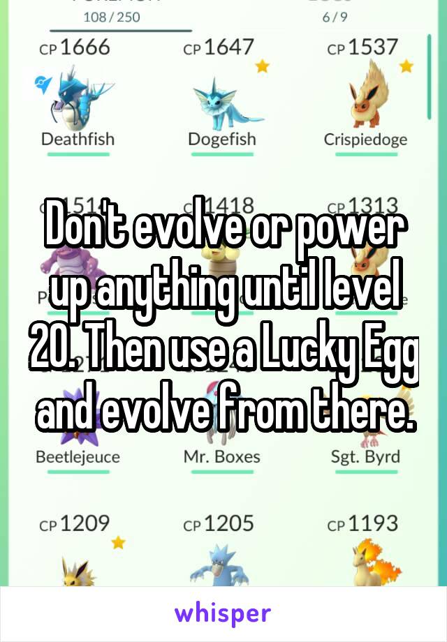 Don't evolve or power up anything until level 20. Then use a Lucky Egg and evolve from there.