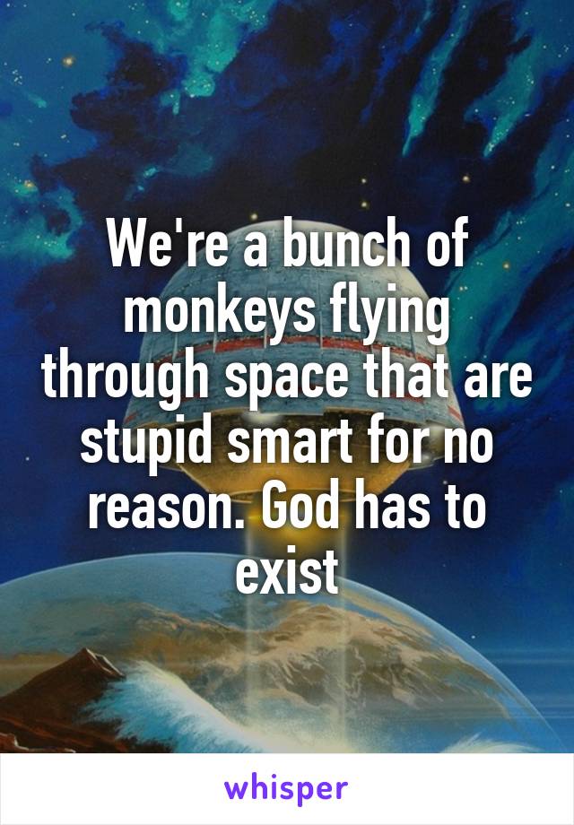 We're a bunch of monkeys flying through space that are stupid smart for no reason. God has to exist