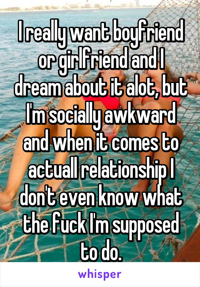 I really want boyfriend or girlfriend and I dream about it alot, but I'm socially awkward and when it comes to actuall relationship I don't even know what the fuck I'm supposed to do.