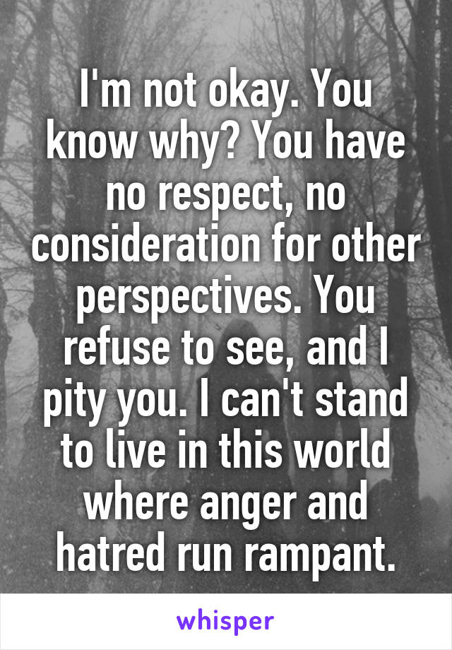 I'm not okay. You know why? You have no respect, no consideration for other perspectives. You refuse to see, and I pity you. I can't stand to live in this world where anger and hatred run rampant.