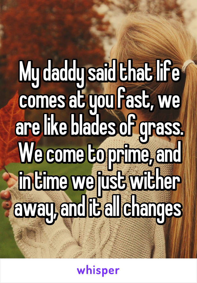 My daddy said that life comes at you fast, we are like blades of grass. We come to prime, and in time we just wither away, and it all changes 