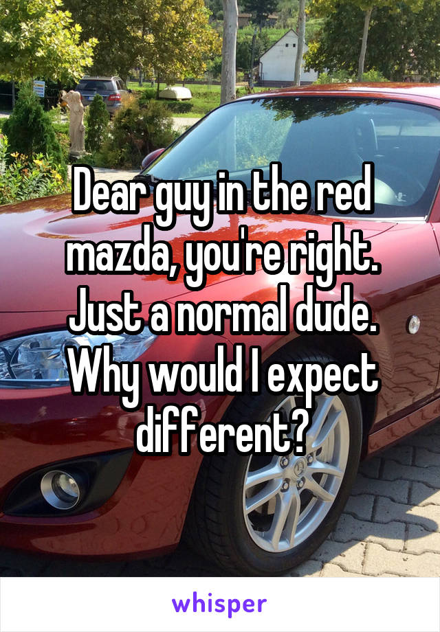 Dear guy in the red mazda, you're right. Just a normal dude.
Why would I expect different?
