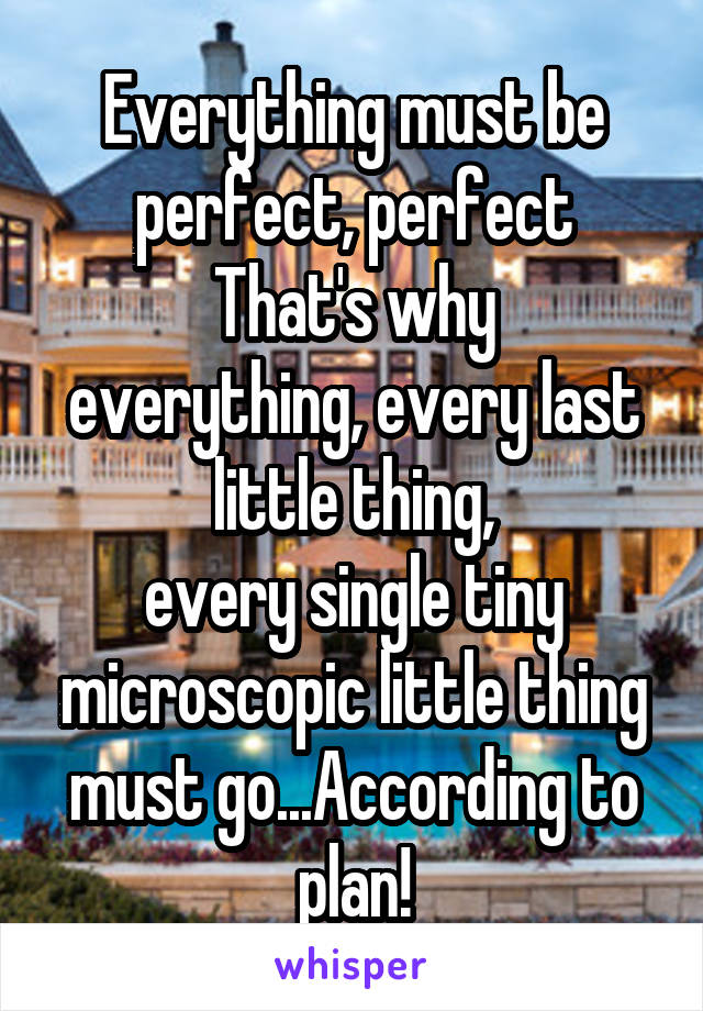 Everything must be perfect, perfect
That's why everything, every last little thing,
every single tiny microscopic little thing must go...According to plan!