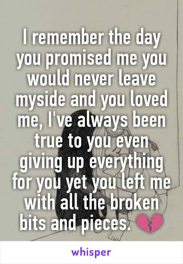 I remember the day you promised me you would never leave myside and you loved me, I've always been true to you even giving up everything for you yet you left me with all the broken bits and pieces. 💔