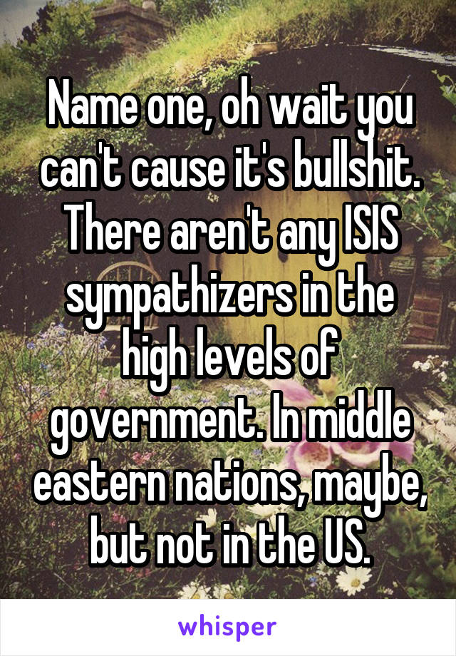 Name one, oh wait you can't cause it's bullshit. There aren't any ISIS sympathizers in the high levels of government. In middle eastern nations, maybe, but not in the US.