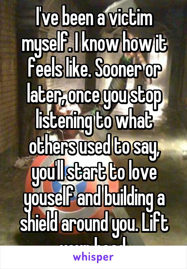 I've been a victim myself. I know how it feels like. Sooner or later, once you stop listening to what others used to say, you'll start to love youself and building a shield around you. Lift your head.