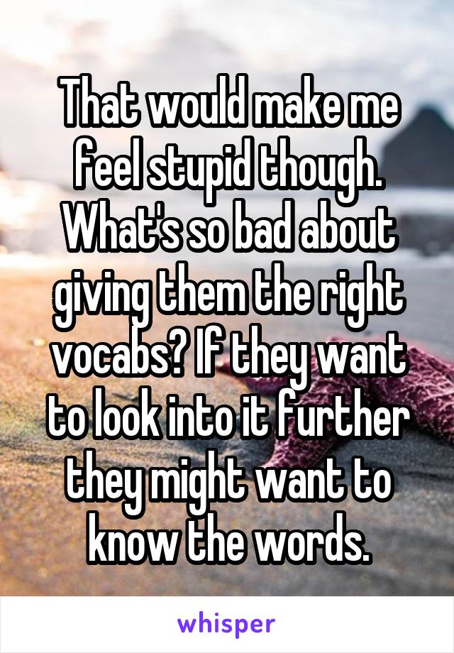 That would make me feel stupid though. What's so bad about giving them the right vocabs? If they want to look into it further they might want to know the words.