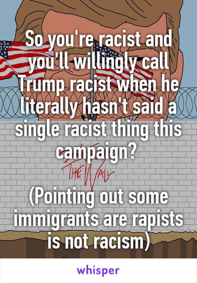 So you're racist and you'll willingly call Trump racist when he literally hasn't said a single racist thing this campaign? 

(Pointing out some immigrants are rapists is not racism)
