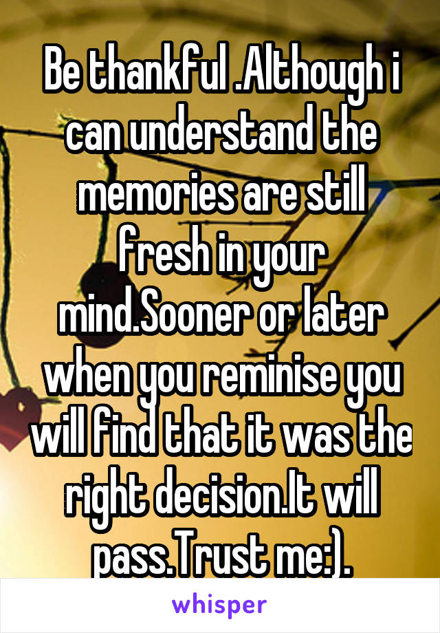 Be thankful .Although i can understand the memories are still fresh in your mind.Sooner or later when you reminise you will find that it was the right decision.It will pass.Trust me:).