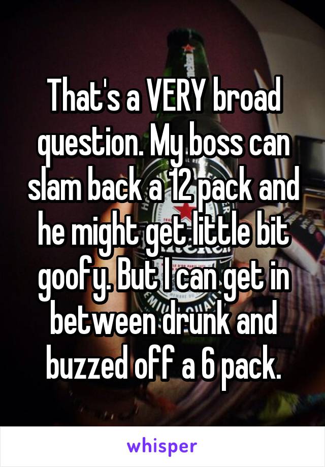 That's a VERY broad question. My boss can slam back a 12 pack and he might get little bit goofy. But I can get in between drunk and buzzed off a 6 pack.