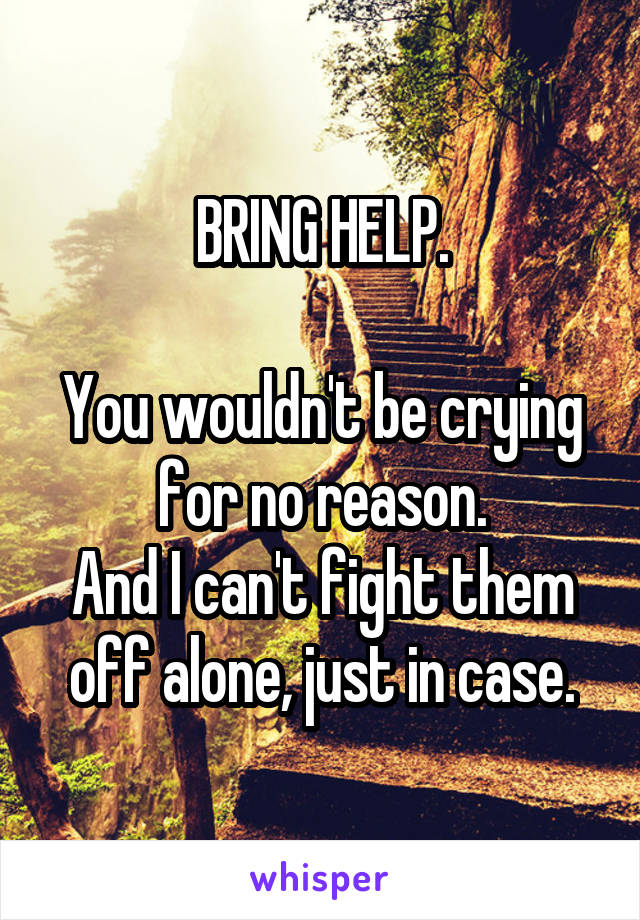 BRING HELP.

You wouldn't be crying for no reason.
And I can't fight them off alone, just in case.