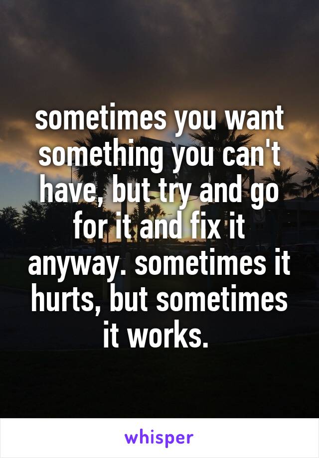 sometimes you want something you can't have, but try and go for it and fix it anyway. sometimes it hurts, but sometimes it works. 