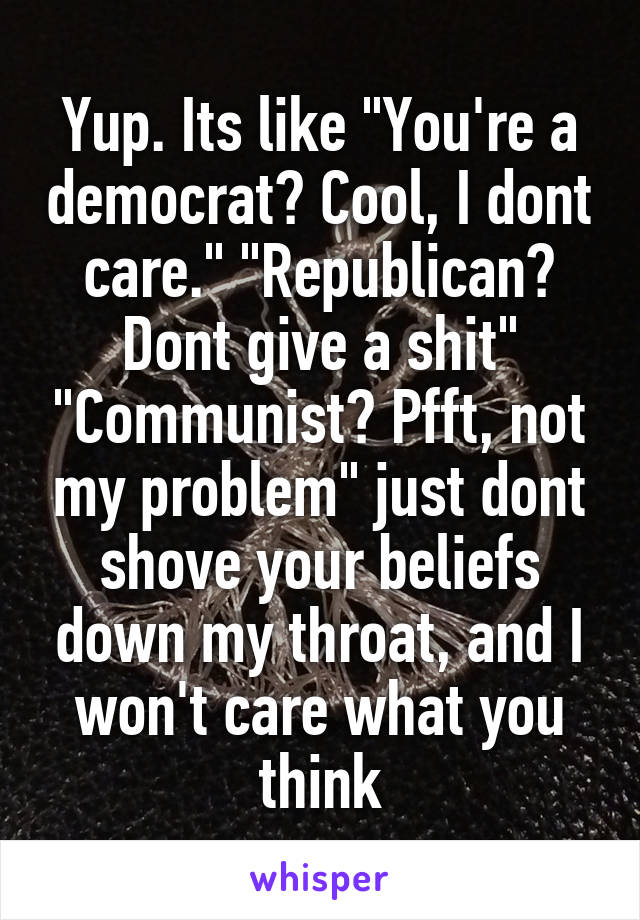 Yup. Its like "You're a democrat? Cool, I dont care." "Republican? Dont give a shit" "Communist? Pfft, not my problem" just dont shove your beliefs down my throat, and I won't care what you think