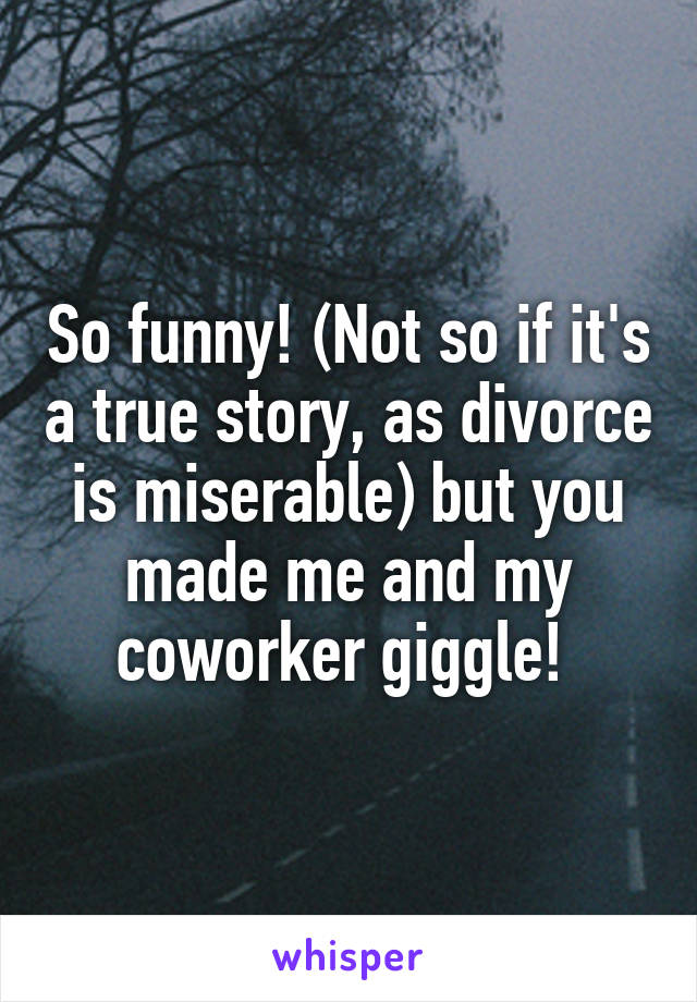 So funny! (Not so if it's a true story, as divorce is miserable) but you made me and my coworker giggle! 