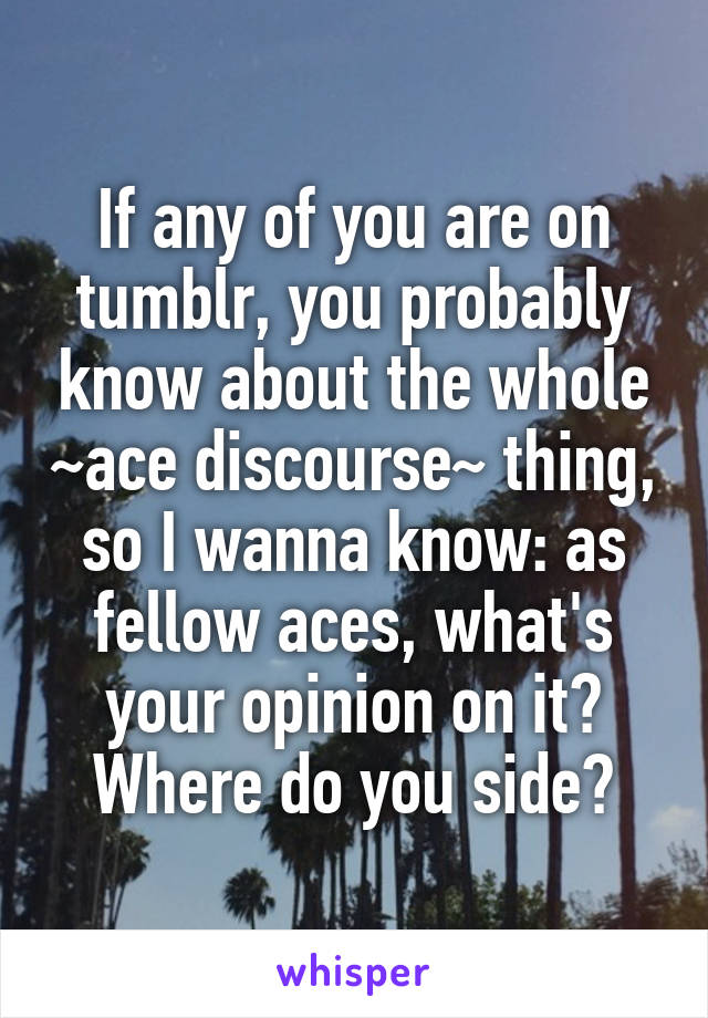 If any of you are on tumblr, you probably know about the whole ~ace discourse~ thing, so I wanna know: as fellow aces, what's your opinion on it? Where do you side?