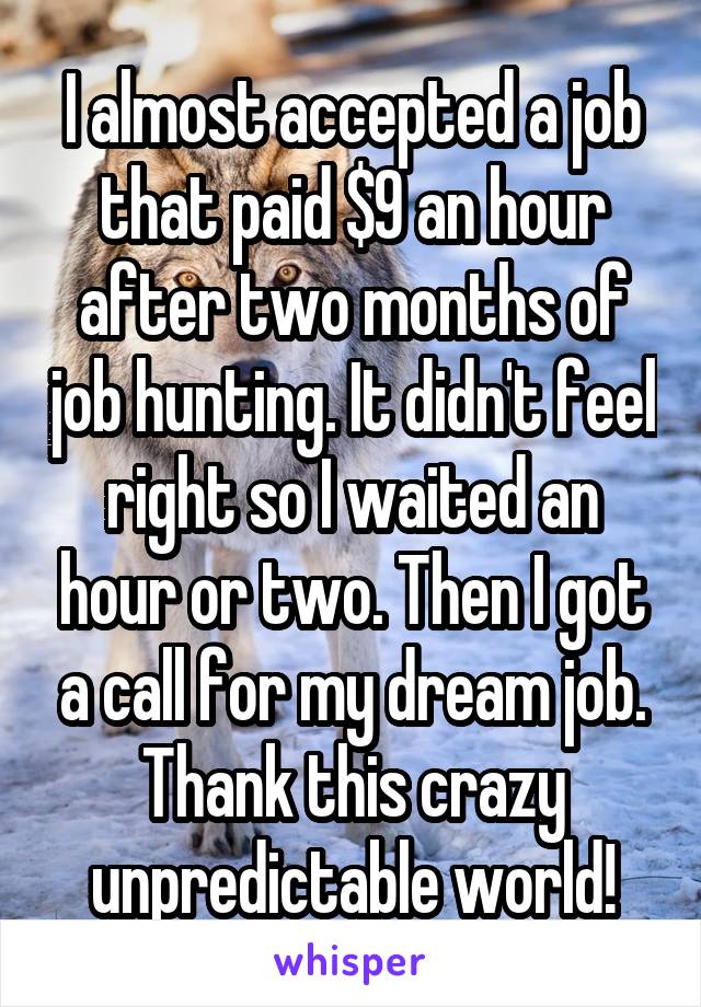 I almost accepted a job that paid $9 an hour after two months of job hunting. It didn't feel right so I waited an hour or two. Then I got a call for my dream job. Thank this crazy unpredictable world!