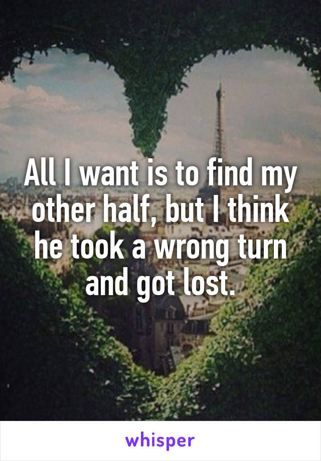 All I want is to find my other half, but I think he took a wrong turn and got lost.