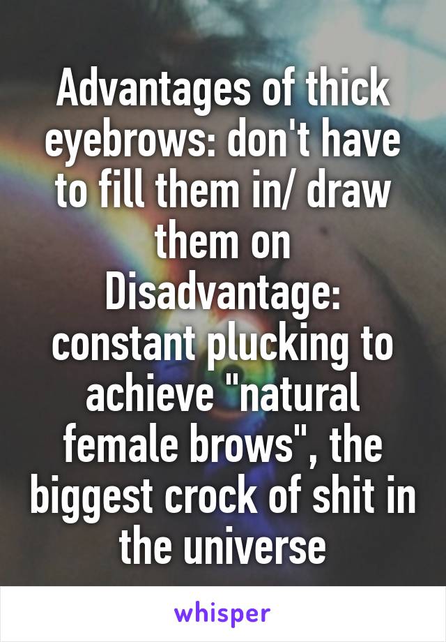 Advantages of thick eyebrows: don't have to fill them in/ draw them on
Disadvantage: constant plucking to achieve "natural female brows", the biggest crock of shit in the universe