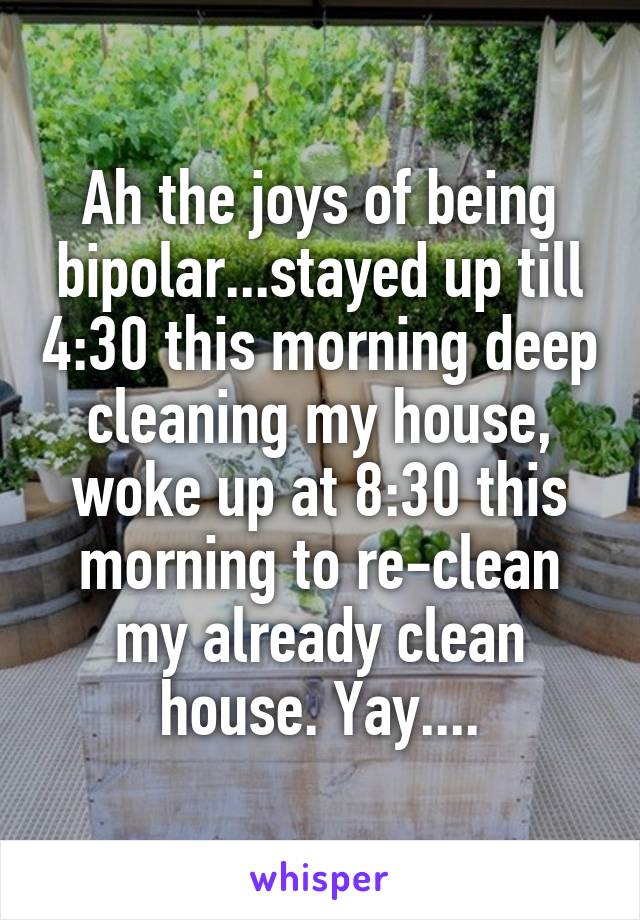 Ah the joys of being bipolar...stayed up till 4:30 this morning deep cleaning my house, woke up at 8:30 this morning to re-clean my already clean house. Yay....