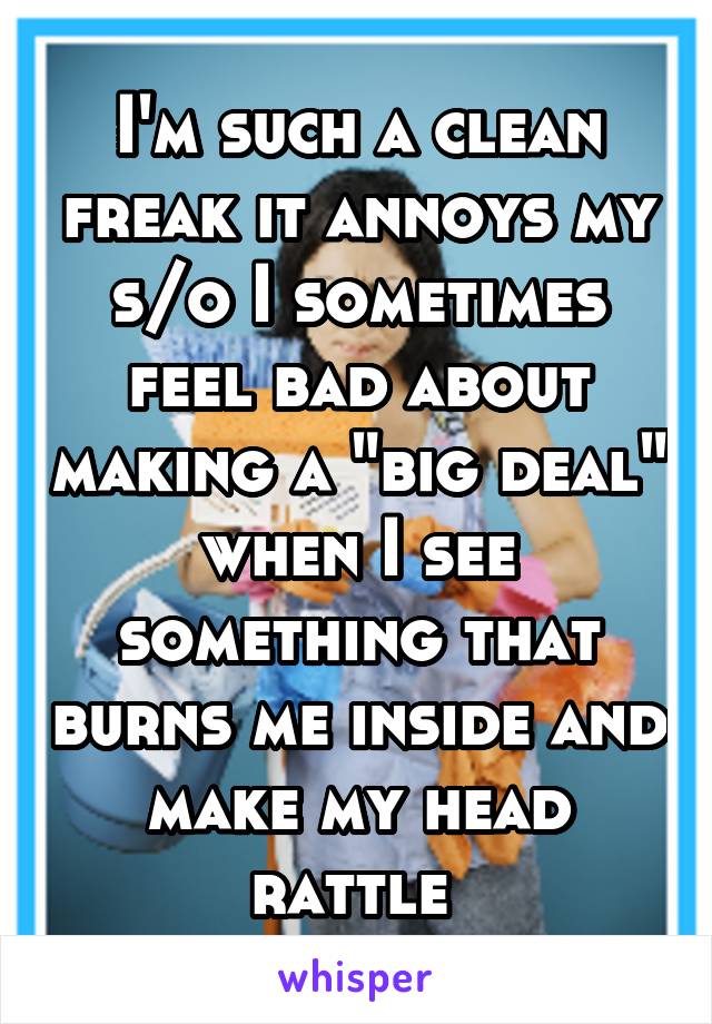 I'm such a clean freak it annoys my s/o I sometimes feel bad about making a "big deal" when I see something that burns me inside and make my head rattle 