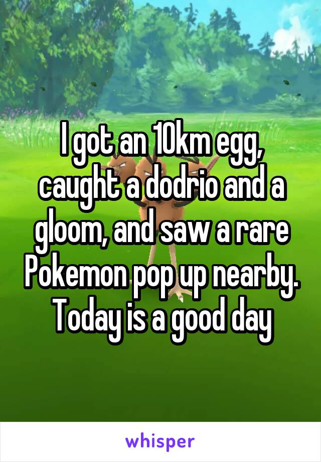 I got an 10km egg, caught a dodrio and a gloom, and saw a rare Pokemon pop up nearby. Today is a good day