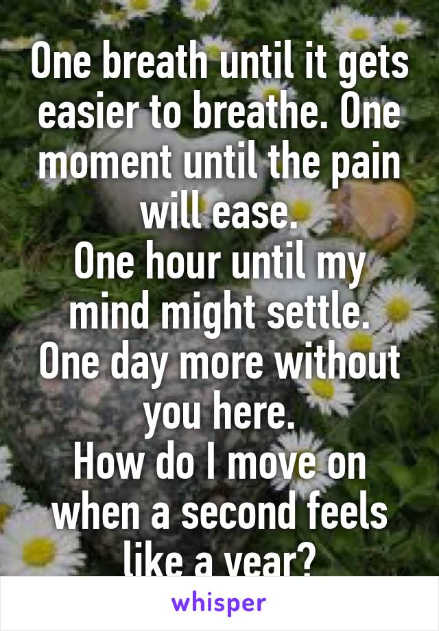 One breath until it gets easier to breathe. One moment until the pain will ease.
One hour until my mind might settle.
One day more without you here.
How do I move on when a second feels like a year?