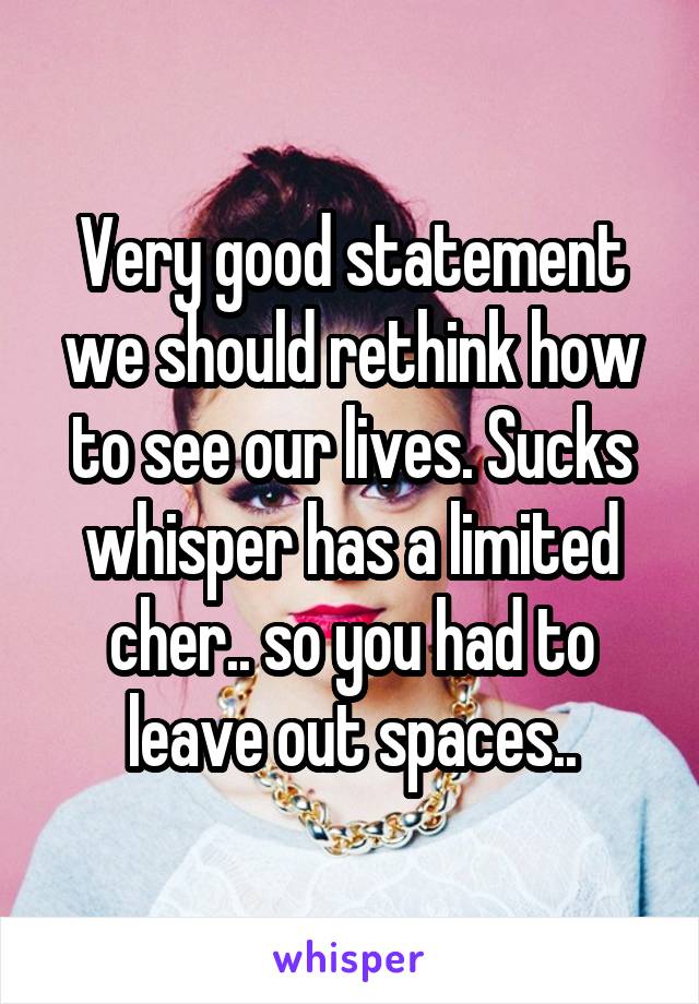 Very good statement we should rethink how to see our lives. Sucks whisper has a limited cher.. so you had to leave out spaces..