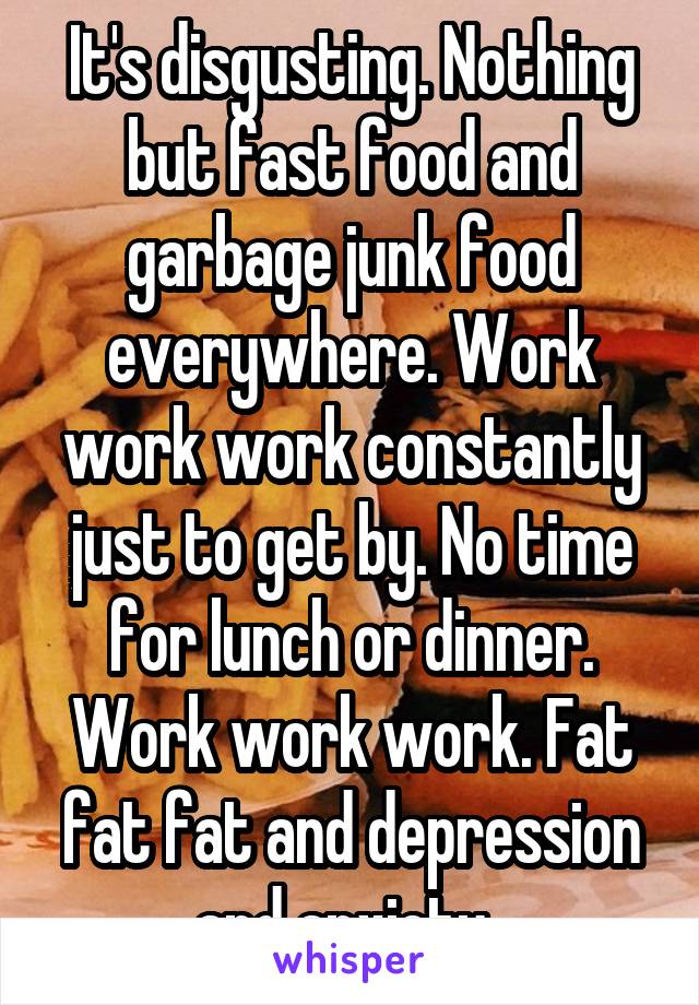 It's disgusting. Nothing but fast food and garbage junk food everywhere. Work work work constantly just to get by. No time for lunch or dinner. Work work work. Fat fat fat and depression and anxiety. 