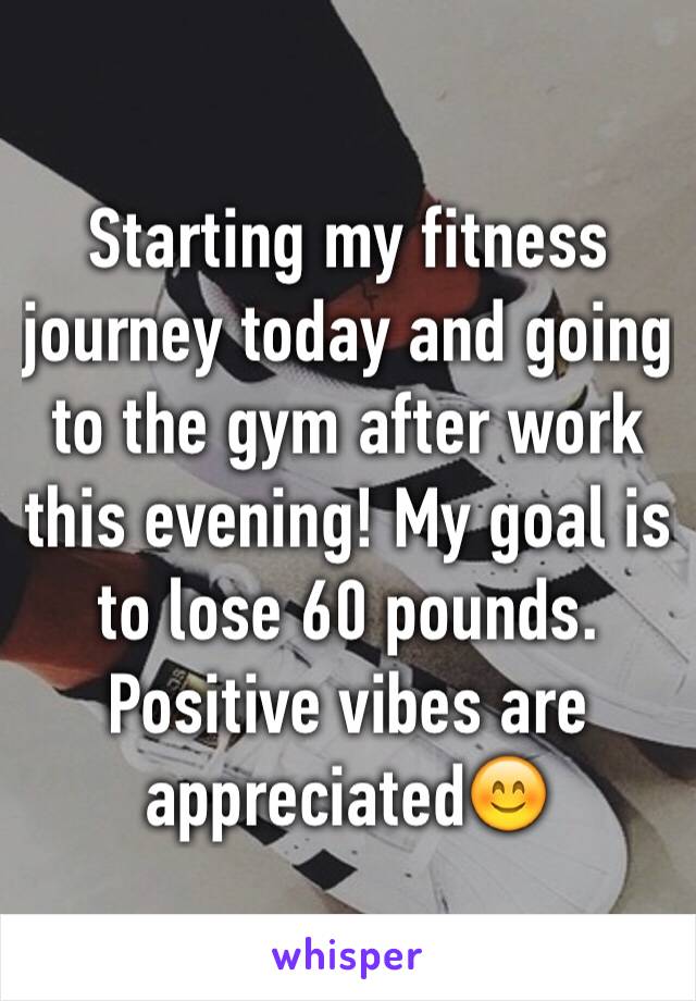 Starting my fitness journey today and going to the gym after work this evening! My goal is to lose 60 pounds. Positive vibes are appreciated😊