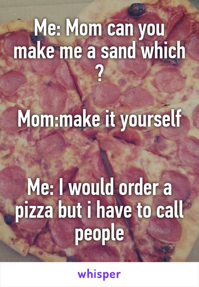 Me: Mom can you make me a sand which ?

Mom:make it yourself 

Me: I would order a pizza but i have to call people
