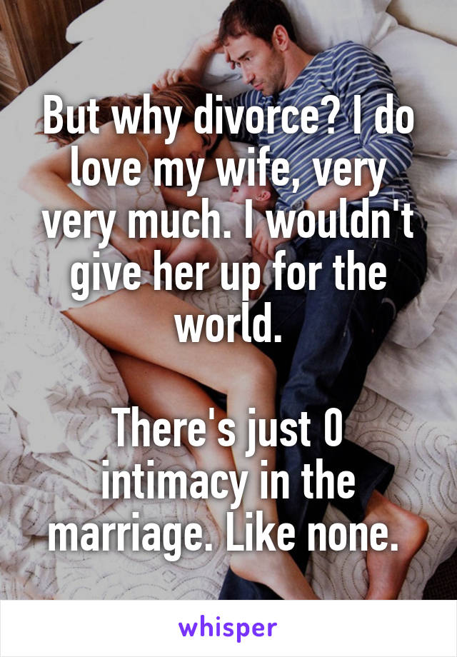 But why divorce? I do love my wife, very very much. I wouldn't give her up for the world.

There's just 0 intimacy in the marriage. Like none. 