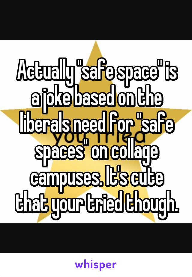 Actually "safe space" is a joke based on the liberals need for "safe spaces" on collage campuses. It's cute that your tried though.