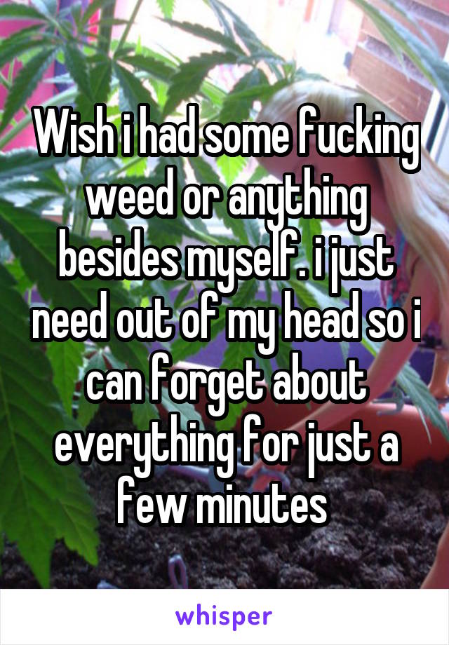 Wish i had some fucking weed or anything besides myself. i just need out of my head so i can forget about everything for just a few minutes 