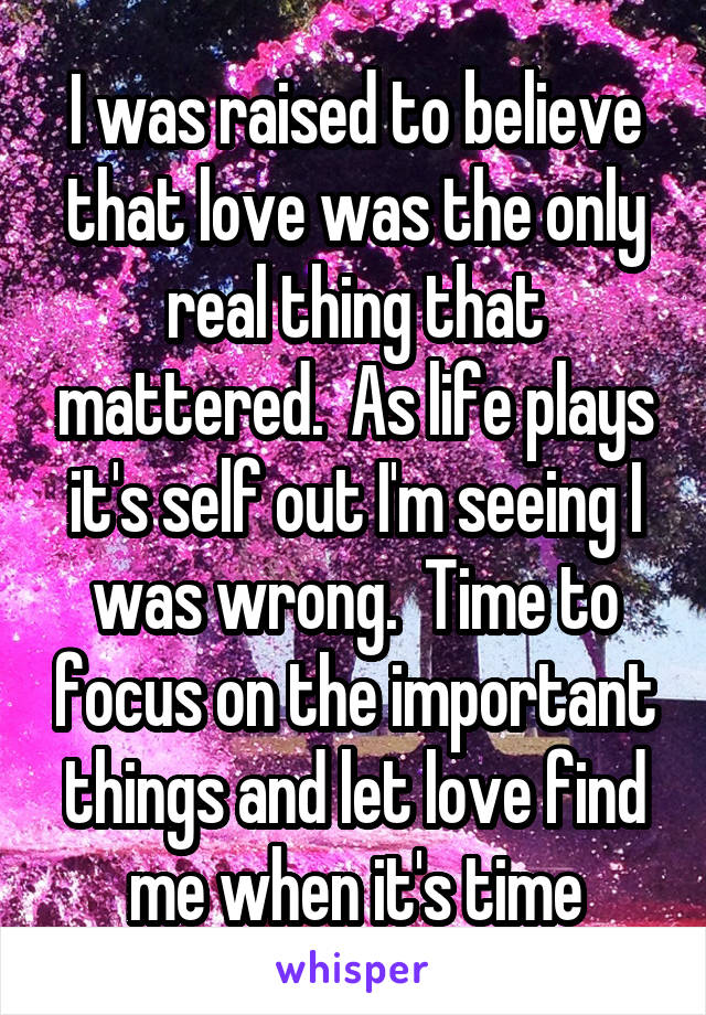 I was raised to believe that love was the only real thing that mattered.  As life plays it's self out I'm seeing I was wrong.  Time to focus on the important things and let love find me when it's time